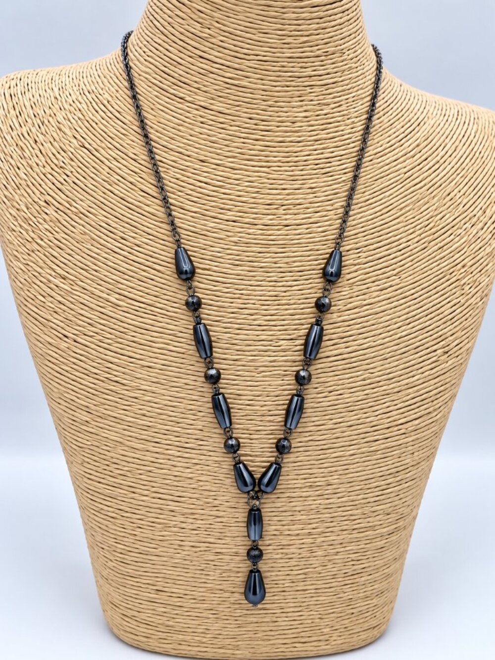 Premier Designs Gunmetal Black Beaded Y Drop Necklace Elegant Statement Jewelry